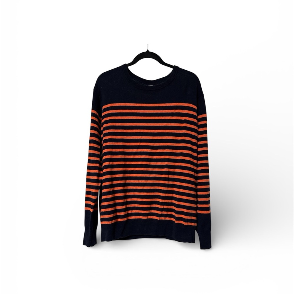 J. Crew Women's Navy and Orange Striped Crewneck Sweater